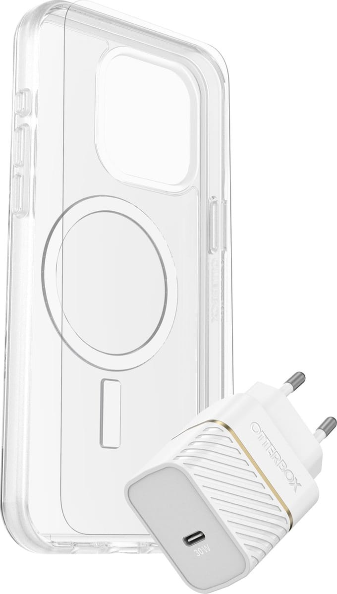 OtterBox KIT Apple iPhone 15 Pro Max (Symmetry Clear MagSafe / Premium Glass AM / EU USB-C Wall Charger 30W - white)