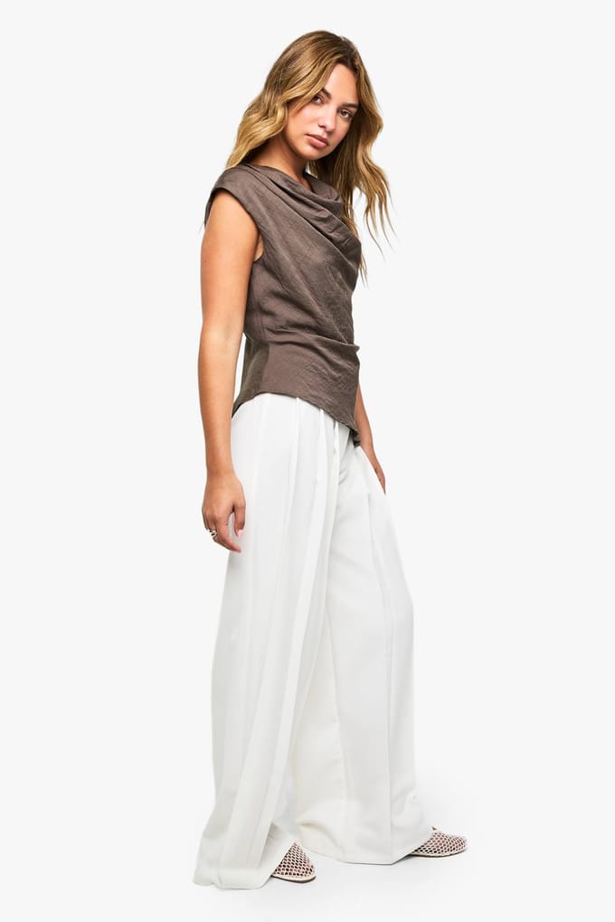 boohoo Dames Extreme Plooien Wijde Pijp Broek | Ivory | Maat: 8