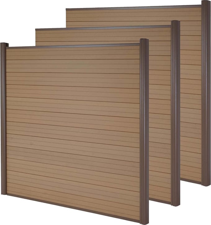 WPC privacyscherm Sarthe, windscherm, aluminium palen ~ set van 3, 5,6m teakhout