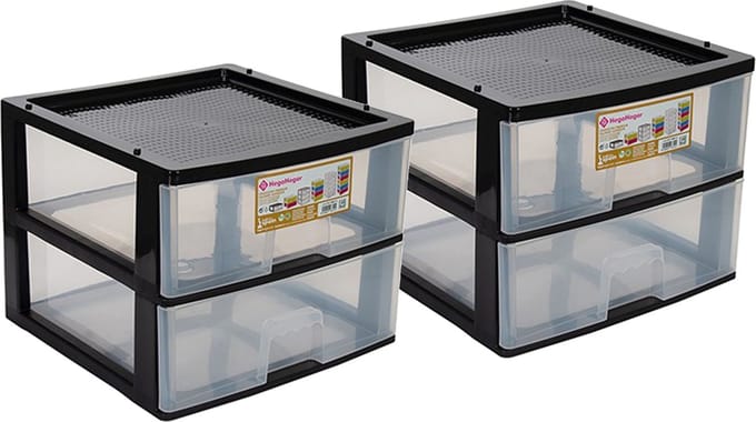 Hega Hogar Ladeblokje/bureau organizer 2x lade - zwart/transparant - L38 x B38 x H30 cm - kunststof