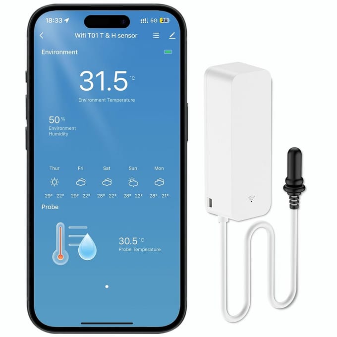 Draadloze Wifi Sensor voor Temperatuur en Vochtigheid met Externe Kabel