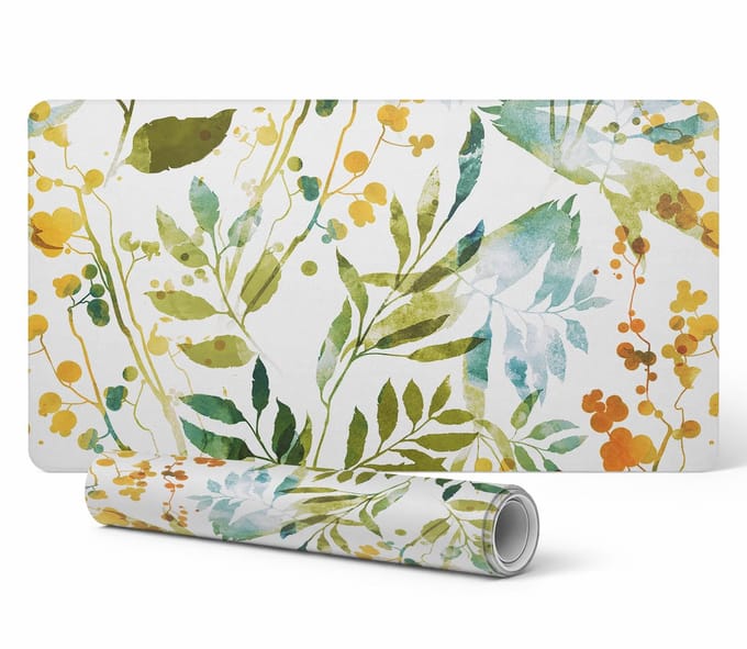 Antislip bureauonderlegger met aquarelprint van weidebladeren, 90x45 cm