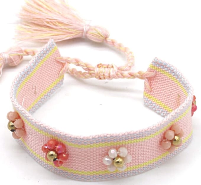 Stoffen Armband Dames - RVS Kralen - Lengte Verstelbaar - Lichtroze