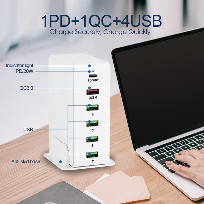 65W 6 poorten USB C laadstation Multiports Hub Draagbare PD3.0 & QC3.0 Snelle USB C-wandlader UK Plug white