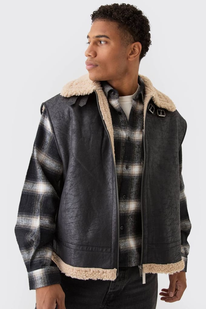 Oversized Faux Suède Aviator Bodywarmer Jas In Zwart | Black | Size Medium