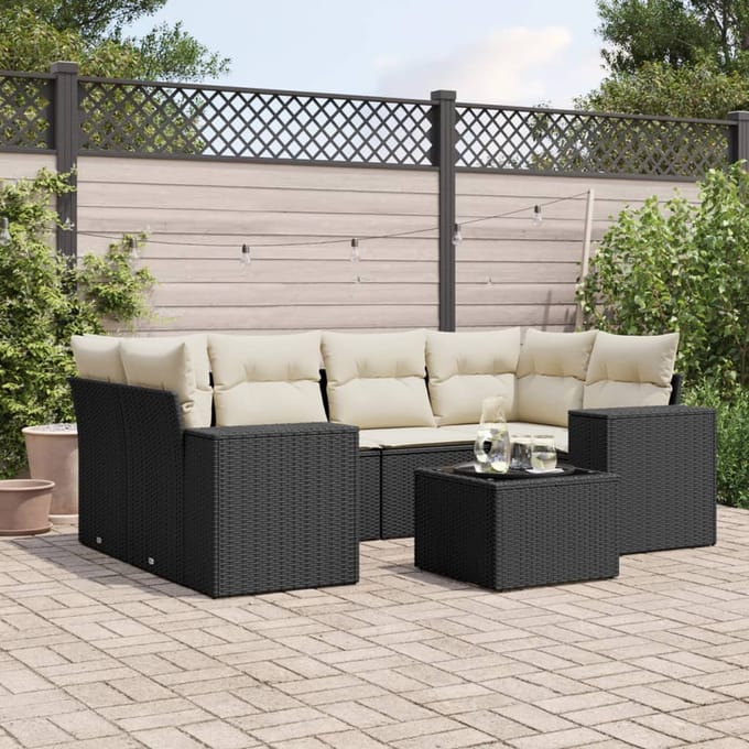 vidaXL - 7-delige - Loungeset - met - kussens - poly - rattan - zwart