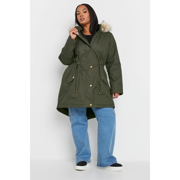 Yours Parka Met Rand Van Imitatiebont Langs Capuchon In Kakigroen Size 50-52