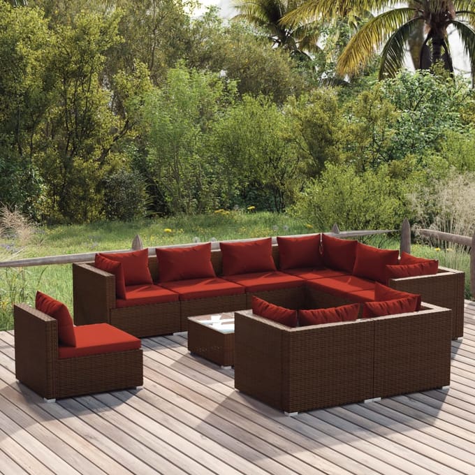 vidaXL - 10-delige - Loungeset - met - kussens - poly - rattan - bruin