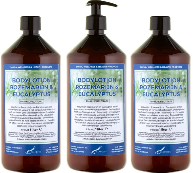 Bodylotion Rozemarijn & Eucalyptus 1 Liter - met gratis pomp - set van 3 stuks
