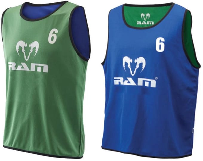 Dubbelzijdige genummerde Trainingshesjes - Heavy Duty - set van 15 - Small / Junior - Groen / Blauw