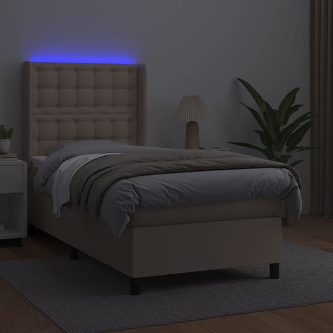 vidaXL - Boxspring - met - matras - en - LED - kunstleer - cappuccinokleur - 90x190 - cm