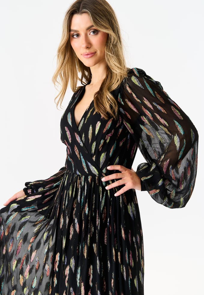 Maxi jurk met metallic print en volledige mouwen