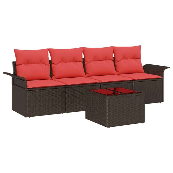 vidaXL - Tuinbank - Set - 5 - st - Beige - en - Rood - poly - rattan