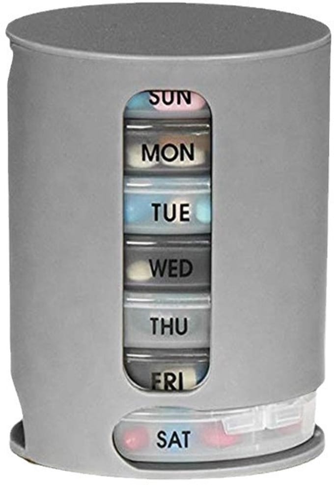 Pillendoos voor 7 dagen, pillendispenser voor een week, pillendoos met 4 vakjes, medicijndispenser, grijze pillendoos