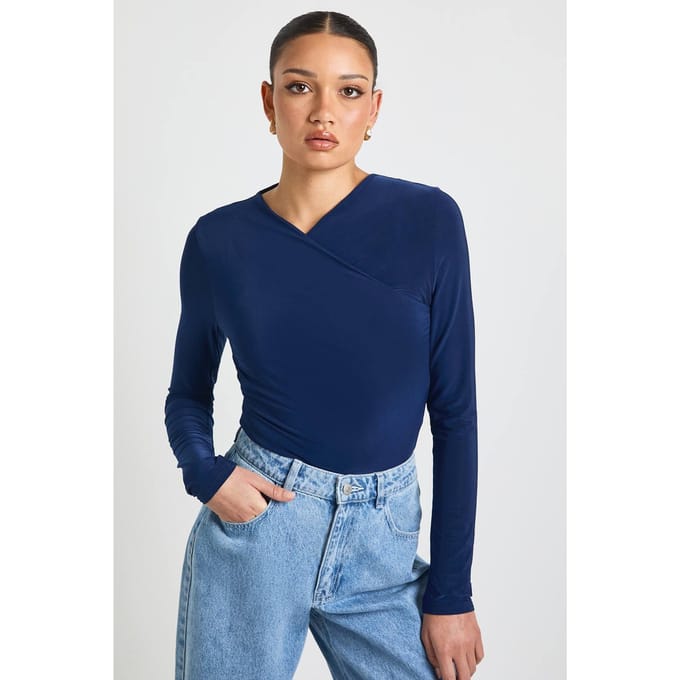 boohoo Dames Wikkel Voorkant Matte Slinky Lange Mouw Bodysuit | Navy | Maat: 8