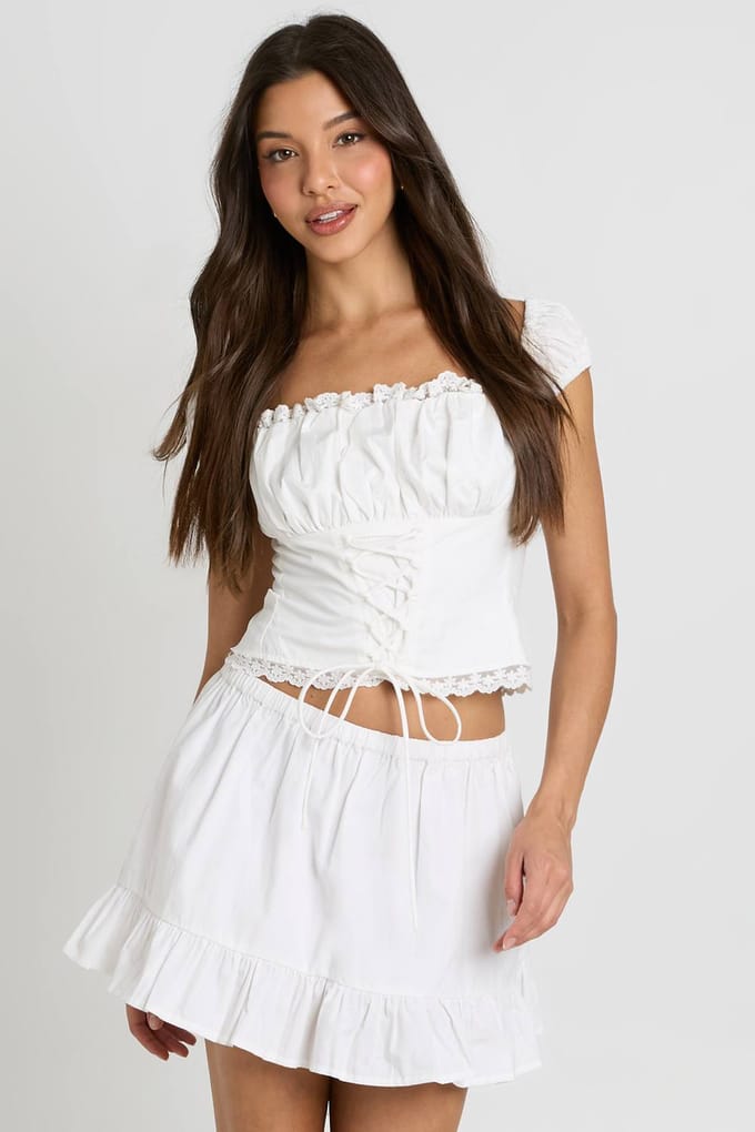 boohoo Dames Mini Rok Met Ruche Zoom Van Popeline | Wit | Maat: 38