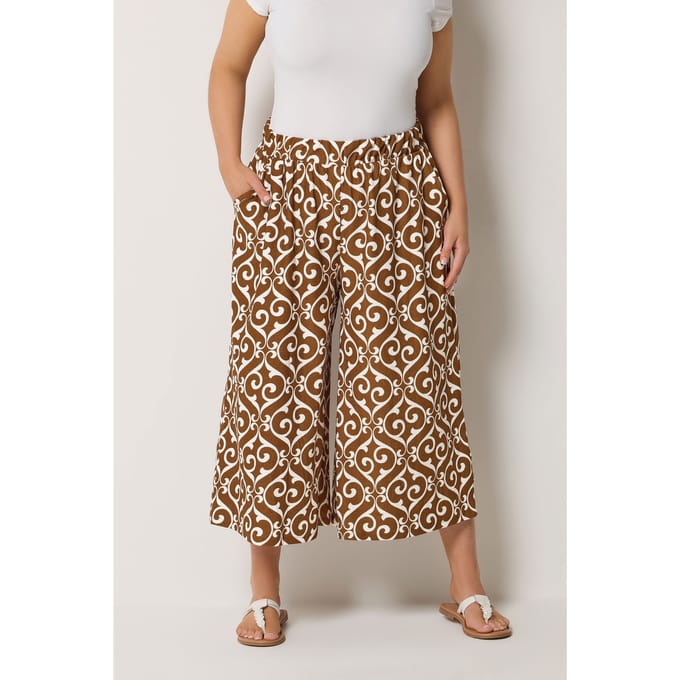 Yours Bruine Abstracte Plissé Cropped Broek Size 44