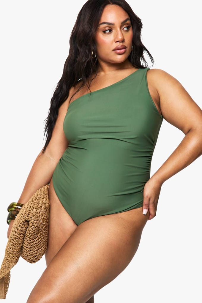 boohoo Dames Plus Tummy Control een-schouder badpak | Khaki | Maat: 22