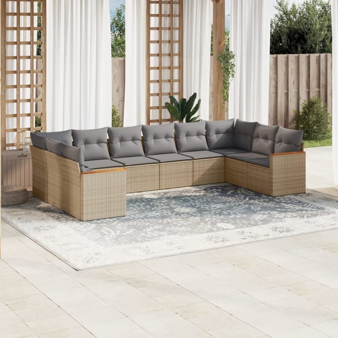 vidaXL - 10-delige - Loungeset - met - kussens - poly - rattan - gemengd - beige