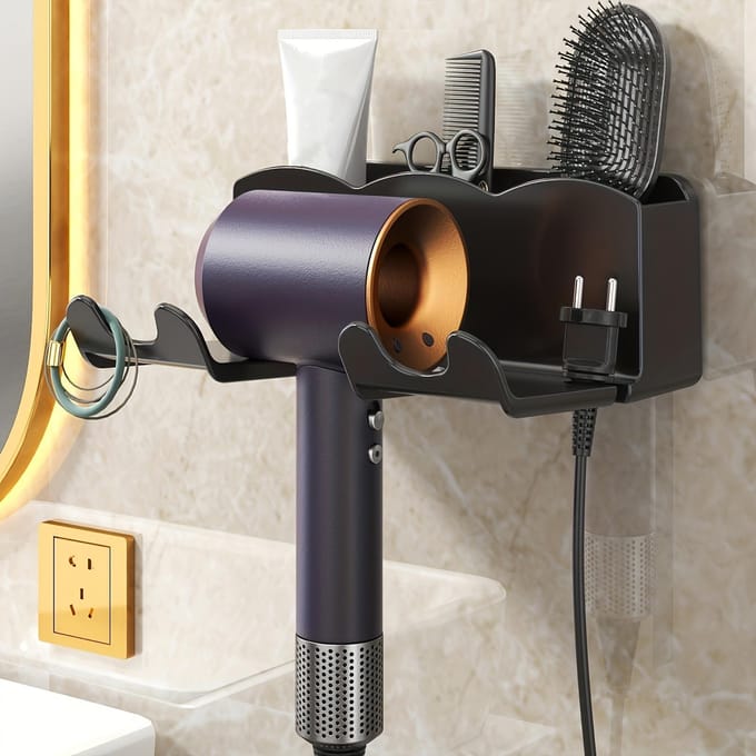 1 pièce Support de rangement pour sèche-cheveux non perforé, Support de rangement mural pour salle de bain, Support de placement stable pour sèche-cheveux de salle de bain noir
