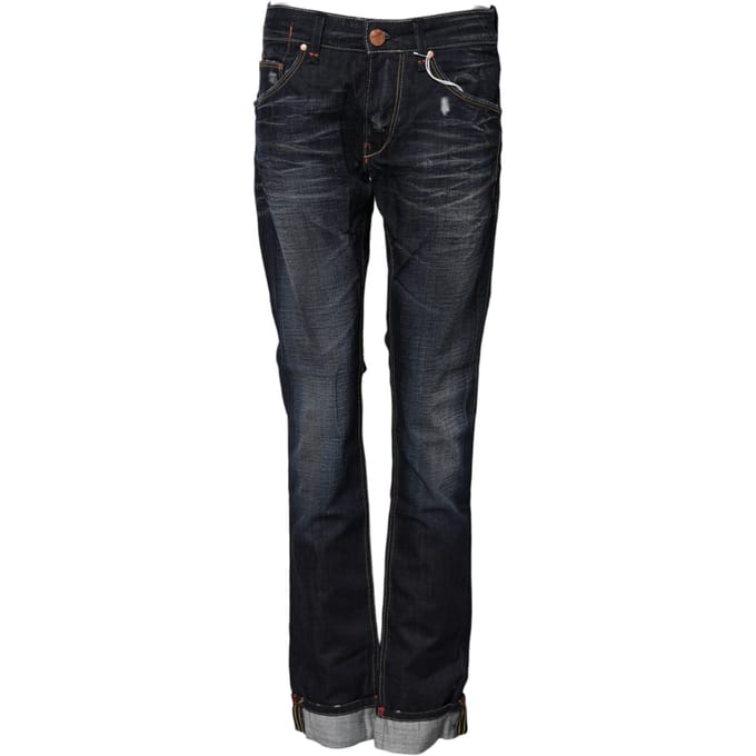 Acht Blauwe Gewassen Katoenen Midden Taille Wijde Denim Jeans