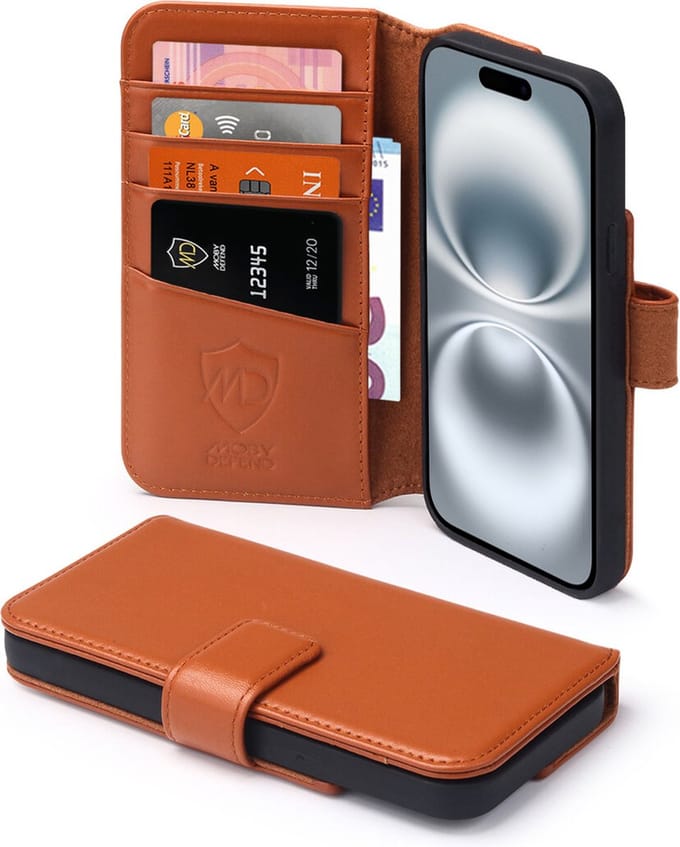 MobyDefend Hoesje - Geschikt voor iPhone 16 - Luxe Leren Wallet Bookcase - Lichtbruin