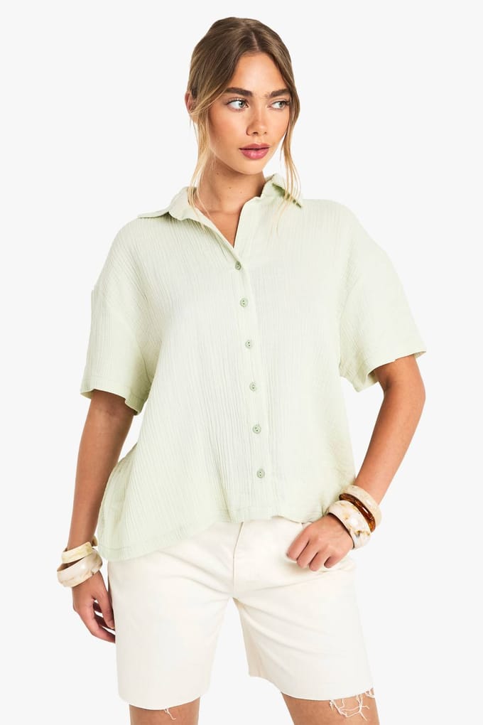 boohoo Dames Gerimpeld katoenen shirt met korte mouwen | Munt | Maat: 36