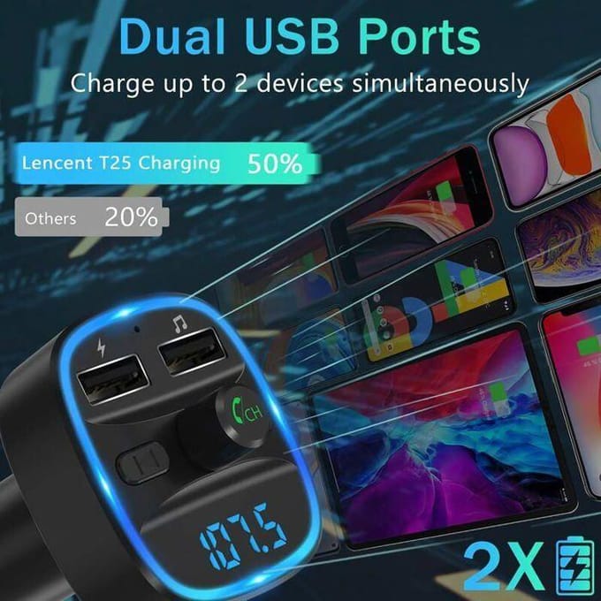 Transmetteur FM Bluetooth - LENCENT - T25 - Appel Mains Libres - Chargeur Voiture - 2 U