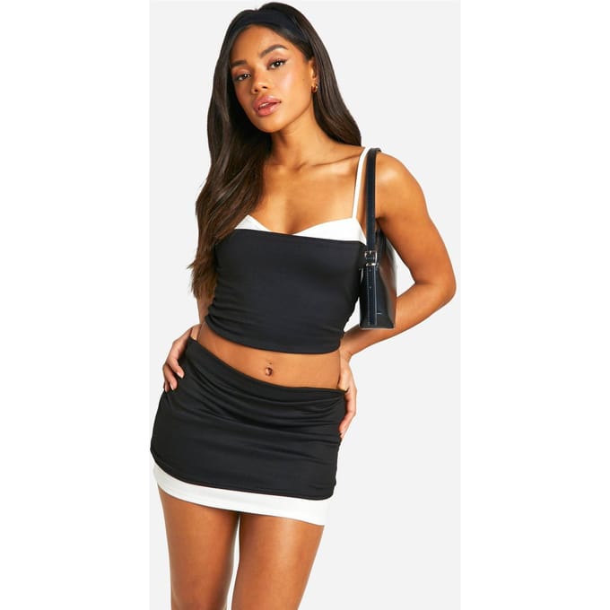 boohoo Dames Double Layer Contrast Mini Skirt | Black | Maat: 12
