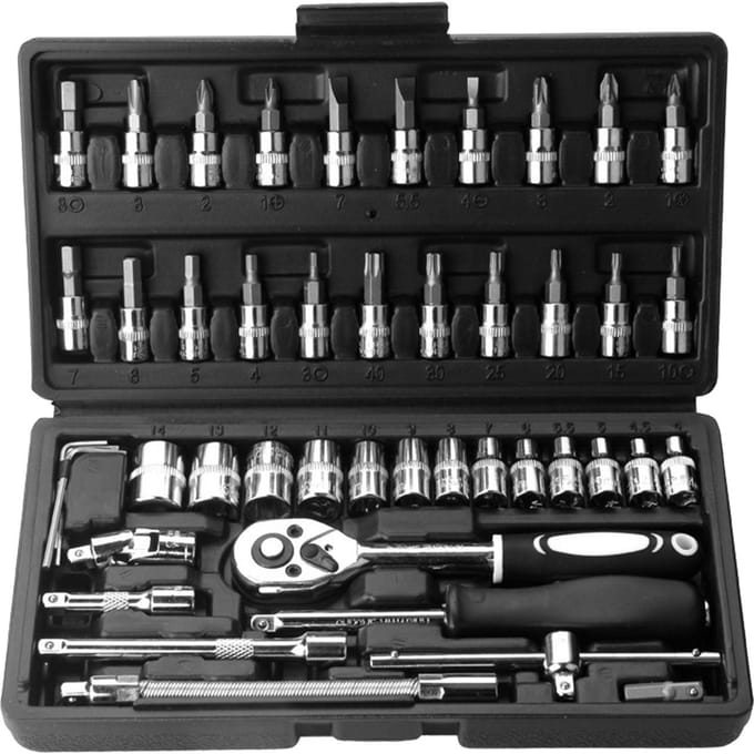 53-delige ratelsleutel- en dopsleutelset 1/4-inch schroevendraaier reparatieset combinatiedop 46pcs & Black Toolbox