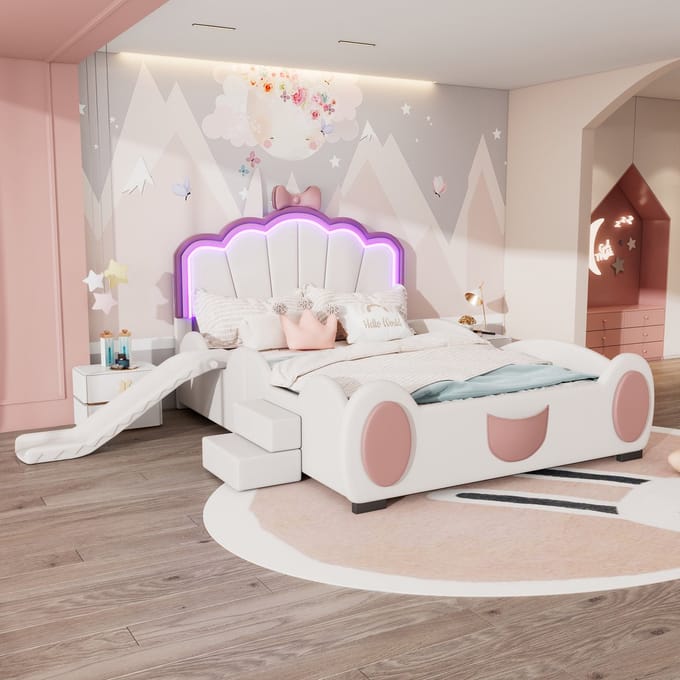 Kinderbed - 140 x 200 cm - Met Glijbaan en LED - PU Materiaal - Roze / Wit