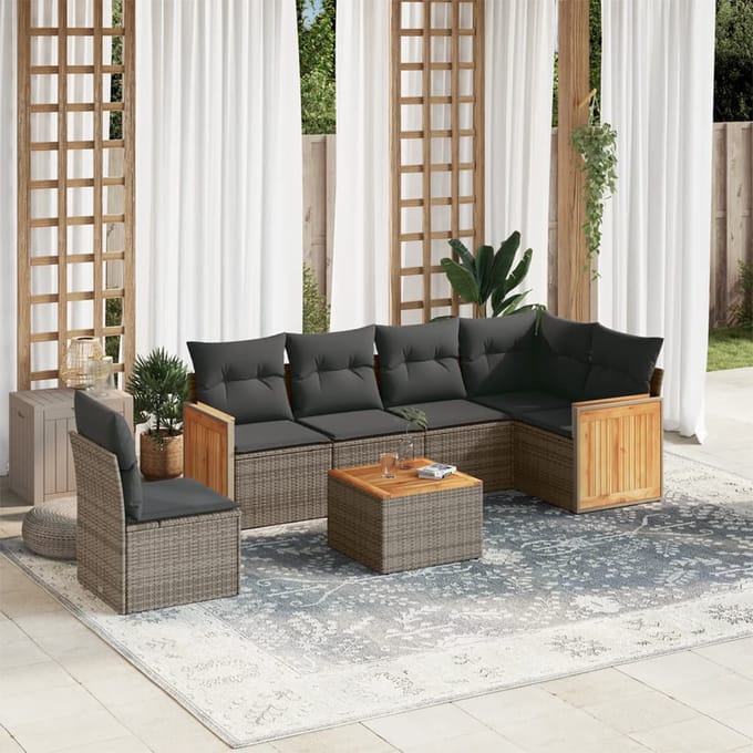 vidaXL - 7-delige - Loungeset - met - kussens - poly - rattan - grijs