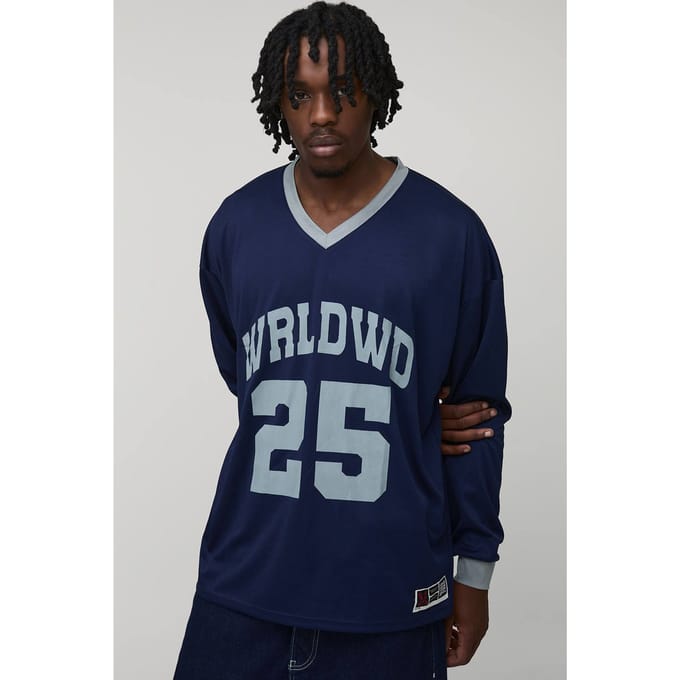 Tall Oversized WRLDWD Print Long-sleeved Sports T-Shirt | Navy | Size Medium