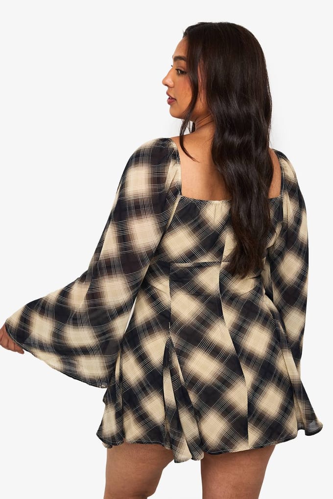boohoo Dames Plus Check Godet Skater | Steen | Maat: 48