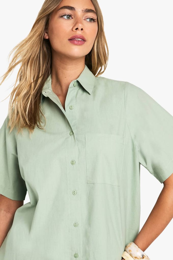 boohoo Dames Katoenen poplin kortmouwenoverhemd | Sage | Maat: 8
