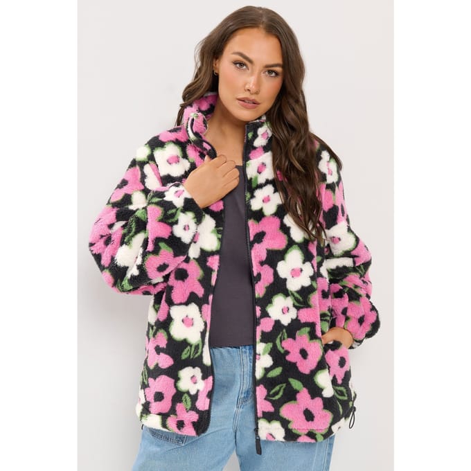 Yours Roze Fleece Met Bloemen En Ritssluiting Size 50-52
