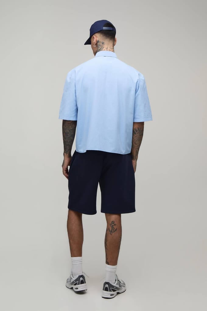 Oversized Boxy Shirt Met Halve Mouw En Stropdas | Blue | Size Large