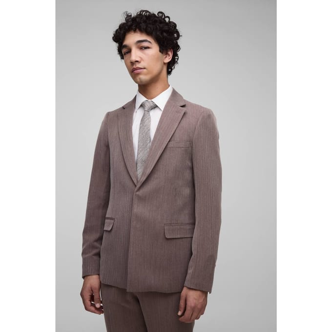 Slim Fit Herringbone Suit Blazer | Brown | Size Medium