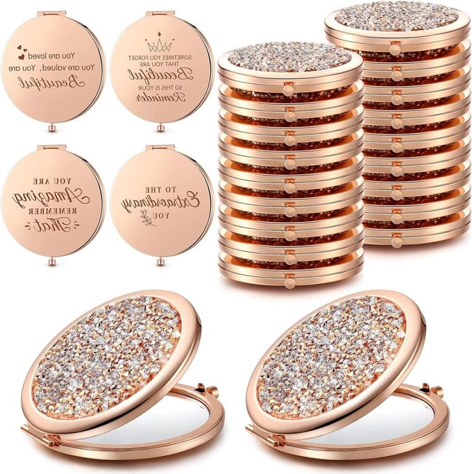 Cosmetische spiegel - Zakspiegel compact - Make-up bijwerken - Met inspirerende tekst - 16 stuks - Roségoud