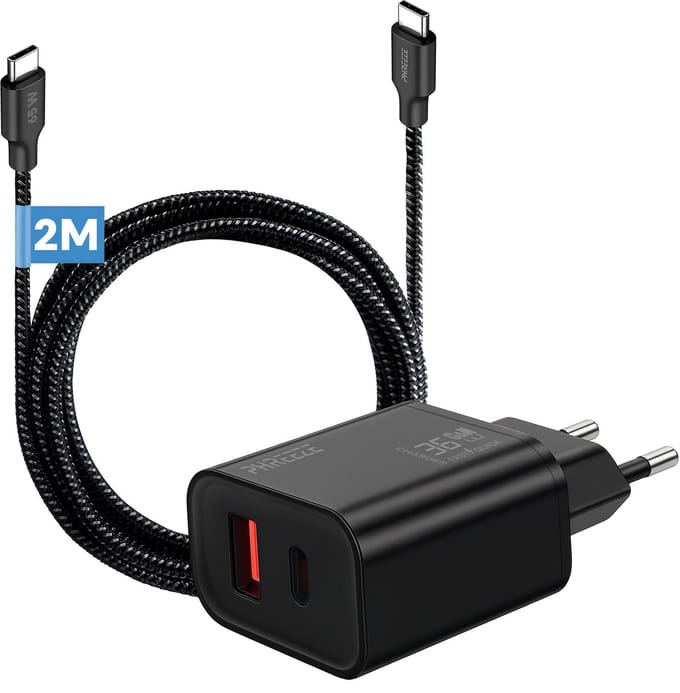 Phreeze usb C adapter 35w - Usb c naar usb c kabel 2 meter - Snellader met 2 poorten voor telefoon en tablet