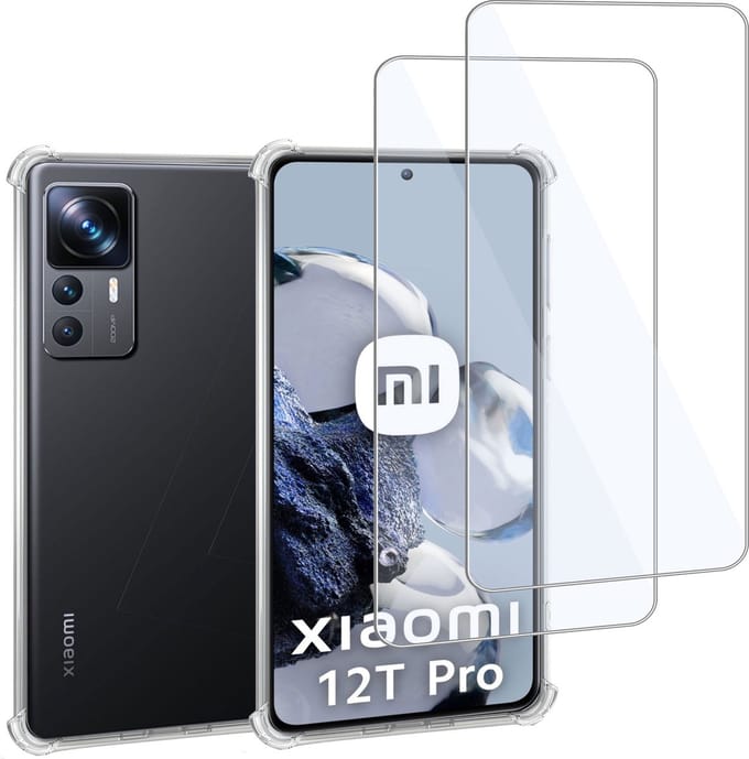 Geschikt voor Xiaomi 12T Pro - Hoesje + 2x Screenprotector – Gehard Glas Cover + Shock Proof Case – Transparant