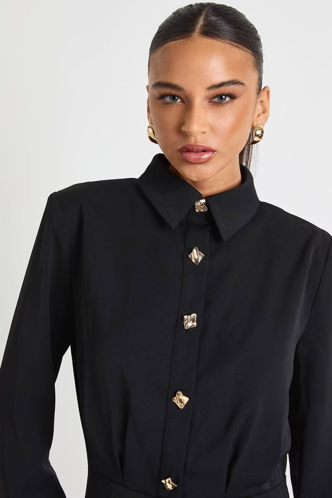 boohoo Dames Gouden Knop Getailleerd Overhemd Mini-Jurk | Zwart | Maat: 36