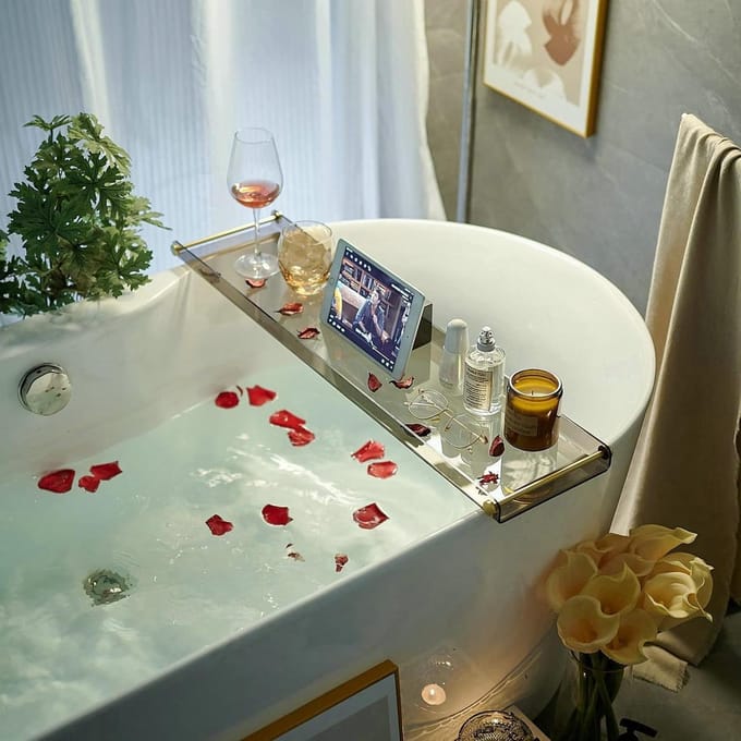 Bad Caddy Tray - Bad Tafel - Luxe Ontspanning - Gouden Handgrepen - 80 cm Lengte - Zwart