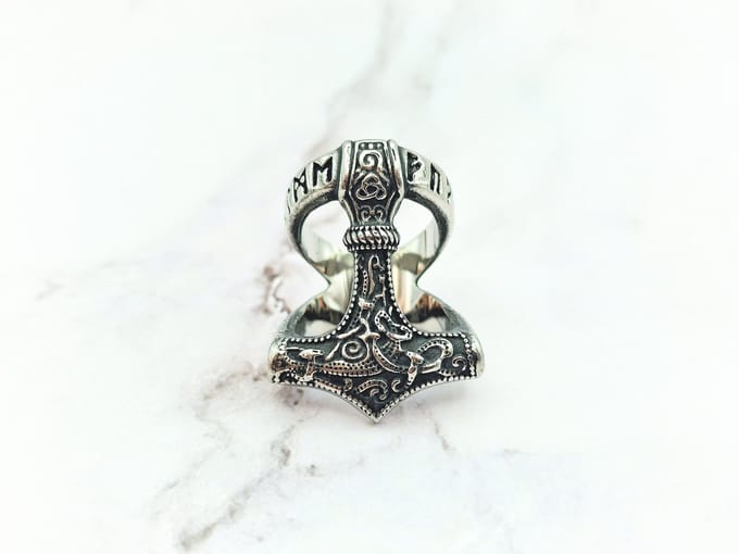 Mei's - Viking Runic Hammer - ring heren - Mjolnir - RVS zilver - ringmaat 56 mm