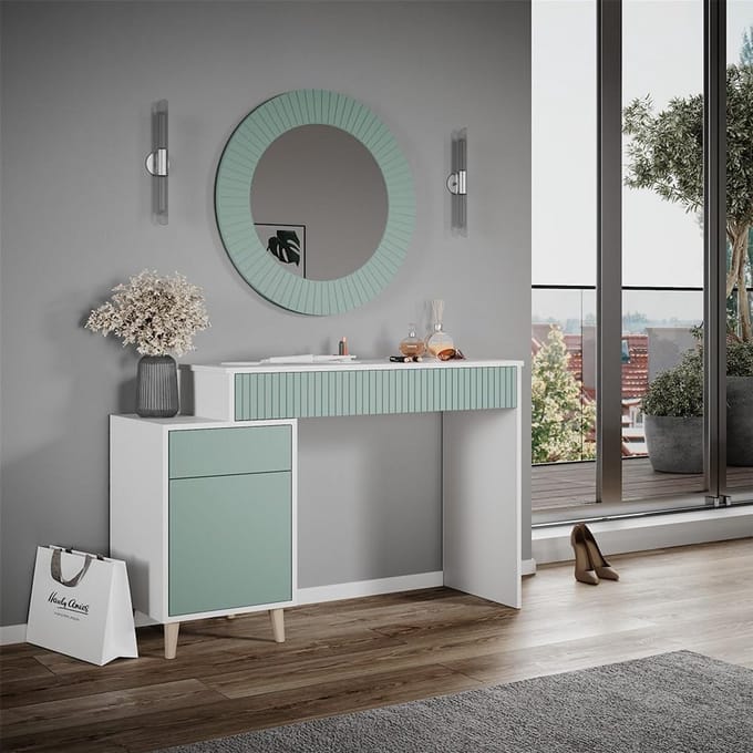 Moderne Kaptafel Mintgroen en Wit met Ronde Spiegel en Opbergruimte