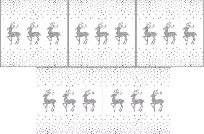 Ambiente Kerst servetten - 100x - rendier en stippen - wit / zilver - 33 x 33 cm - papier - kerstservetten/kerstdiner servetten
