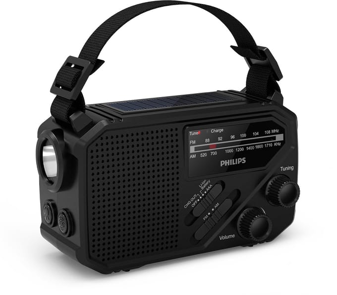 PHILIPS TAR1609 draagbare Noodradio FM/AM met interne oplaadbare batterij, back-up met AAA-batterij en handslinger, autovakantie, zonne-energie, ingebouwde led-lamp en zaklamp als noodradio survival emergency radio kamperen, wandelen, stroomuitval