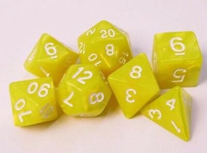 Polydice set 7 stuks - Polyhedral dobbelstenen set  | dungeons and dragons dnd dice| D&D  Pathfinder RPG | Geel gemarmerd