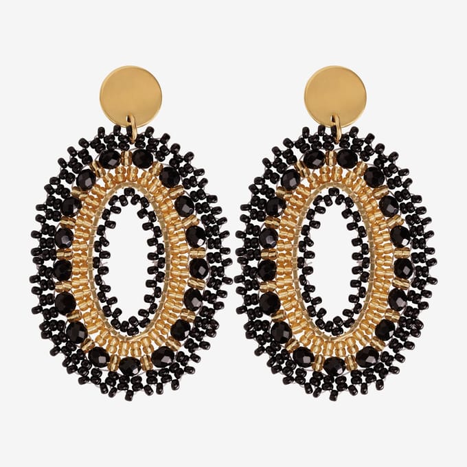 Eleganza Mixed Black Beads Earrings Gold