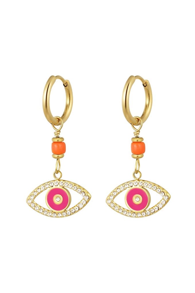 Statement Oorbellen Hanger Oog - Roze - Stainless Steel - Goudkleurig